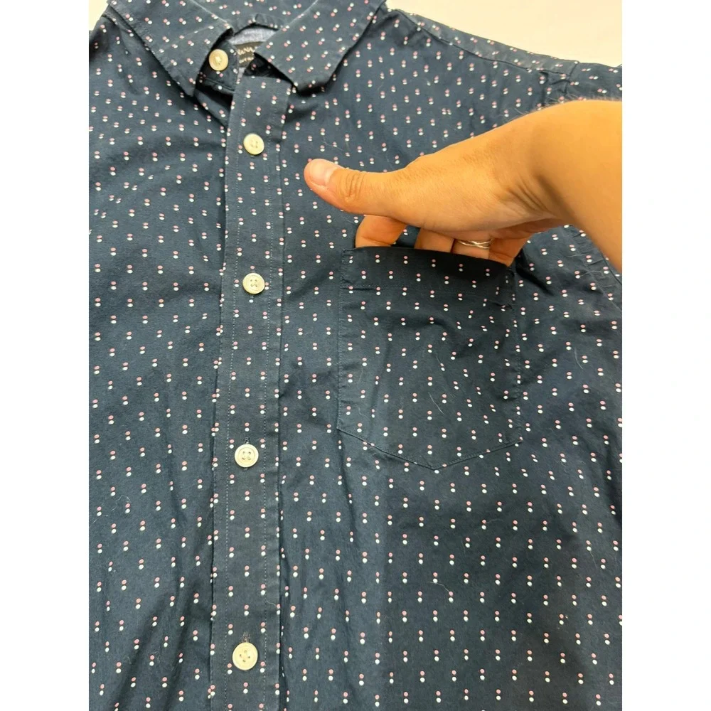 BANANA REPUBLIC Mens Medium Slim Navy Pink Polka Dot Short Sleeve Button Up Z15